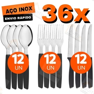 Jogo de Talheres 36 peças Preto Aço Inox 12 Facas 12 Garfos e 12 Colheres de Mesa Casa Para Cozinha