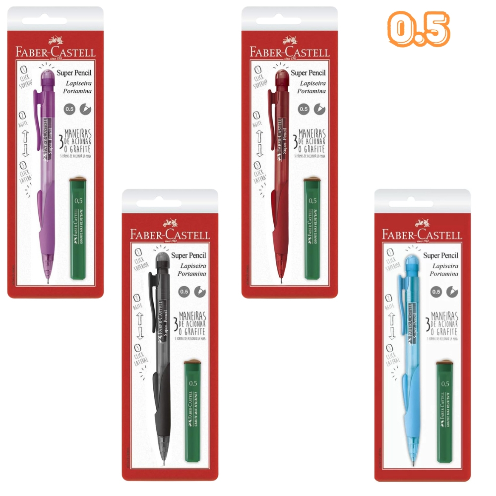 Lapiseira Faber-Castell Super Pencil 0.5 + Grafite - ESCOLHA A COR ...
