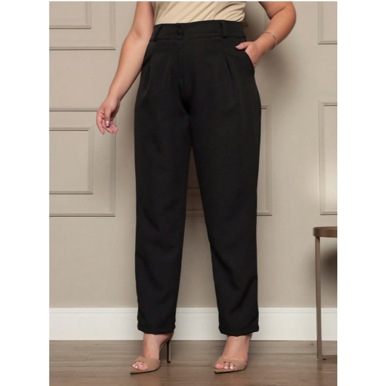 Calça social reta Feminina Cintura Alta Plus Size Bolsos falsos atras ...