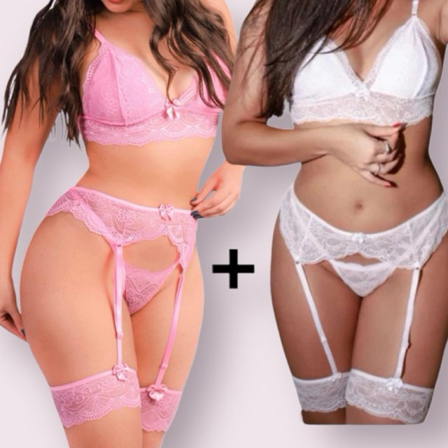 kit com 2 Conjunto Sexy de Renda Calcinha e Sutiã com Cinta Liga Lingerie Sensual Sem Bojo de Luxo