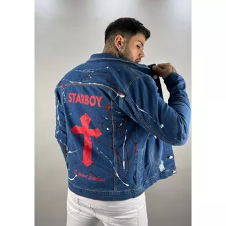 Jaqueta Jeans Masculina Estampada Com Pigmentação Tecido 02% De Lycra