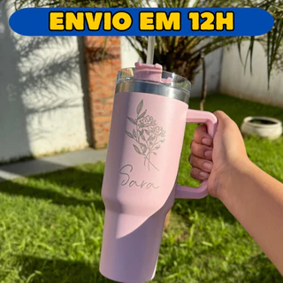 Copo Termico Com Canudo PERSONALIZADO Quencher Caneca Tampa Alça 1200ml