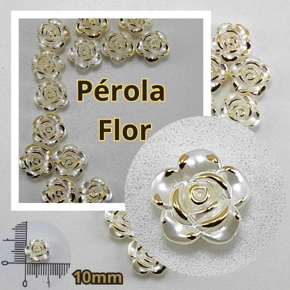 Pérola Flor com dourado, 60 unidades, tam. 10mm, ideal para Colar, Chaveiro,Brinco