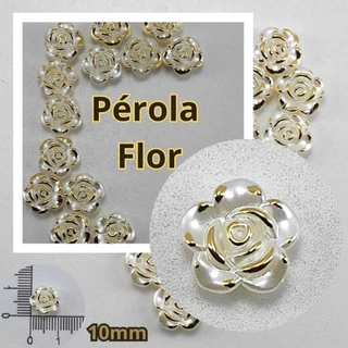 Pérola Flor com dourado, 60 unidades, tam. 10mm, ideal para Colar, Chaveiro,Brinco