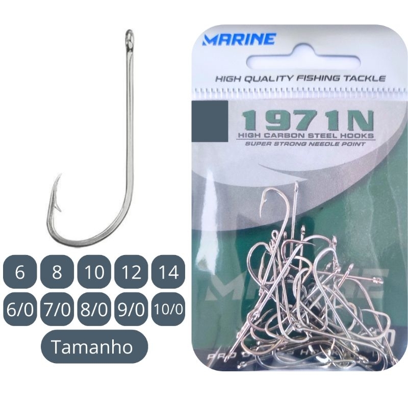 Anzol 1971N (Perna Longa), Marine Sports, acabamento em Nickel - Tamanhos variados