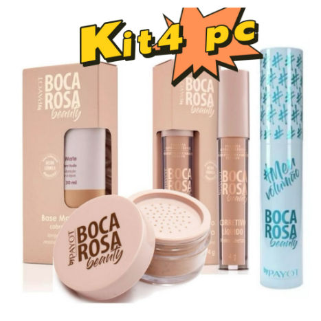 KIT 4 Pecas Base Boca Rosa + Pó Solto Mármore + Corretivo e Mascara Para Cilios