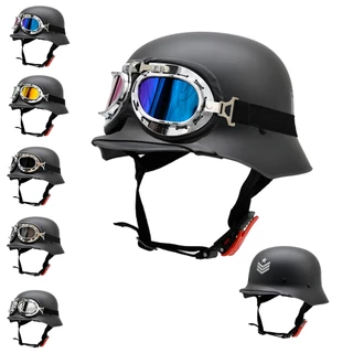 Capacete Coquinho Alemão Militar Vintage Moto Elétrica Custom Com Óculos Boulevard Scooter Harley Kraft - Exército Preto Fosco