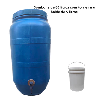 Bombona com torneira Tambor Baril Tonel Galão 80 litros + Balde 5 litros Reservatório com Tampa Água Óleo Ração Alimentos.