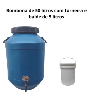 Bombona Torneira Tambor Baril Tonel Galão 50 litros Reservatório com Tampa Água Óleo Ração Alimentos + balde de 5 litros.