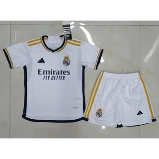 Novo 2023/2024 Infantil Kit Camisa do Time MD Home Branco Conjunto Criança Camiseta Camisa de futebol Real Madrid cr7