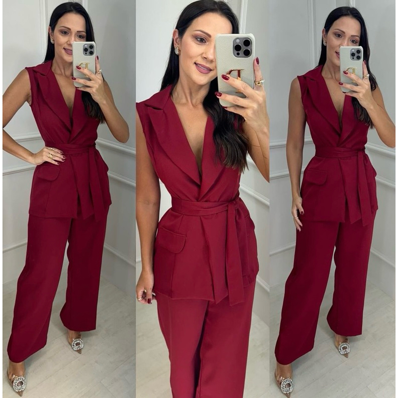 Conjunto colete calça pantalona alfaiataria femenino moda blogueira