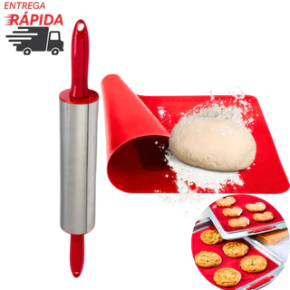 Kit 1 Tapete Culinário de Silicone 1 Rolo de Massa Inox para Esticar e Achatar Massa para Pizzaria Restaurante