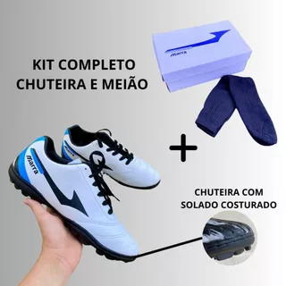 Chuteira Society Costurada + MEIÃO PRETO M-2 BRANCO/PRETO/AZUL Super Reforçada Tênis Futebol Quadra Society Adulto Juvenil Unissex Masculino Feminino