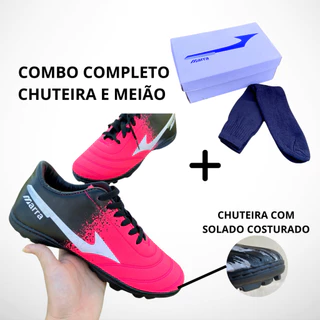 Chuteira Society Costurada + MEIÃO PRETO M-3 PINK/PRETO/BRANCO Super Reforçada Tênis Futebol Quadra Society Adulto Juvenil Unissex Masculino Feminino