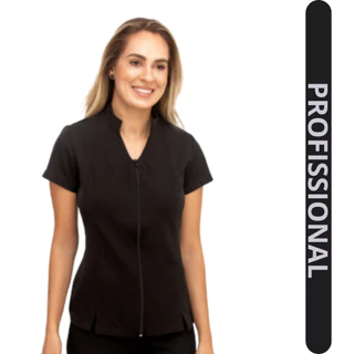 Blusa Spencer Manga Curta Ziper Frontal Rachinhos Frontais Gola Alta Uniformes Corporativo Formal