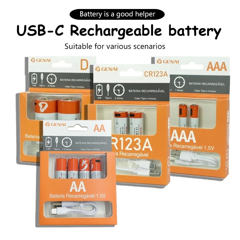 Bateria Pilhas AA AAA 9V D CR2 CR123A USB Powervac 1.5v Recarregável USB - TypeC