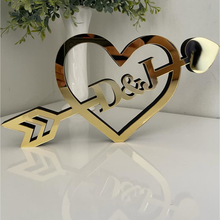 Corac o Flecha Acr lico Casamento noivado Dourado Inicias Personalizado 
