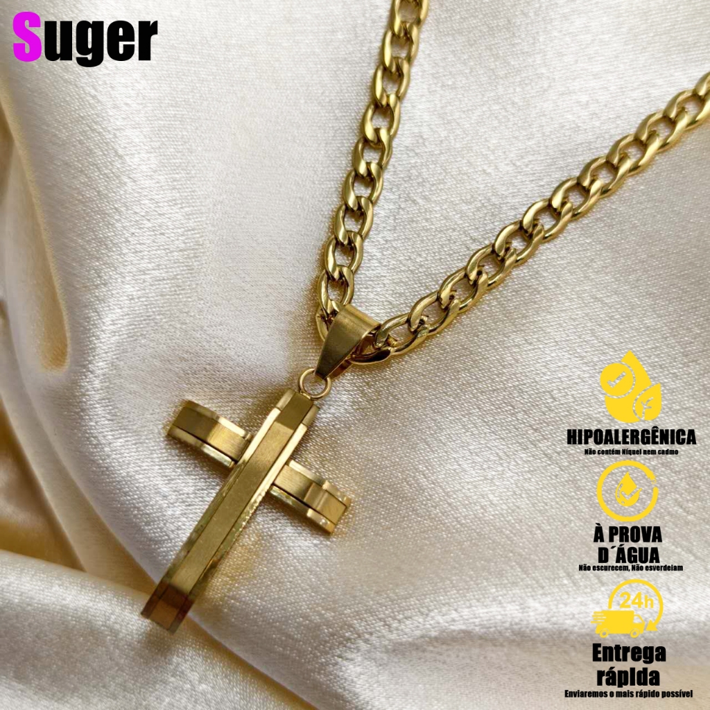 Corrente com Crucifixo Banhada a Ouro 18K - Colar Masculino e Feminino ...