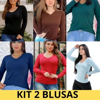 Kit 2 Blusas Manga Longa Gola V Segunda Pele Viscolycra