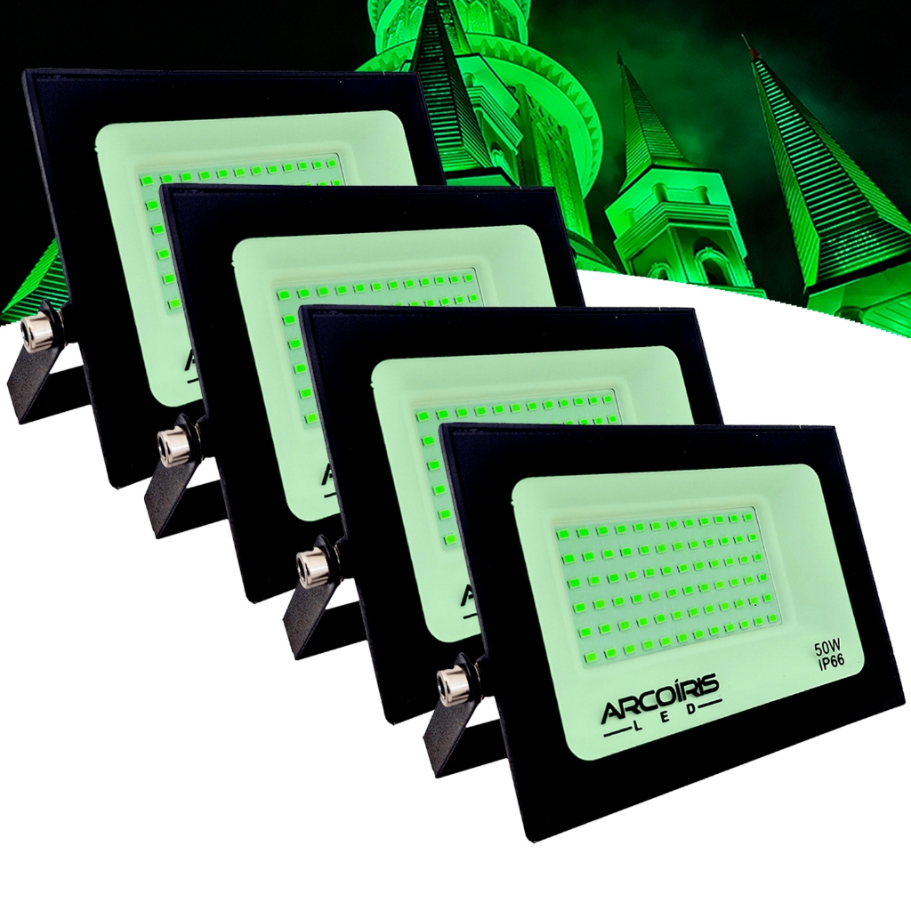 Kit 4 Refletor Led 50w Holofote Bivolt Prova D'água Luz Verde