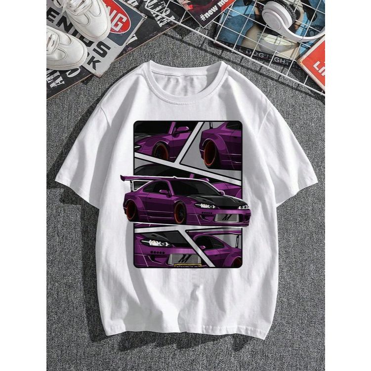 Camiseta impressão de letra e carro De Algodão Unissex Estampada Top