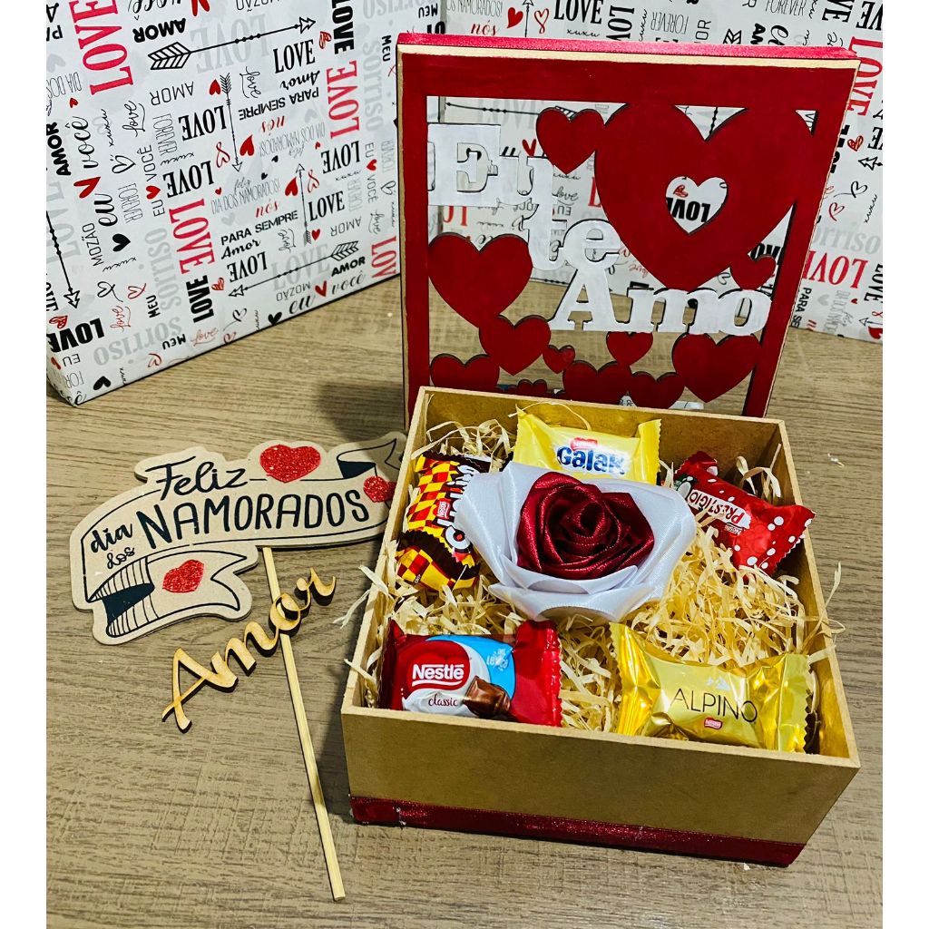 Kit Caixa Personalizada Dia Dos Namorados Caixa mdf + Chocolates e flor ...