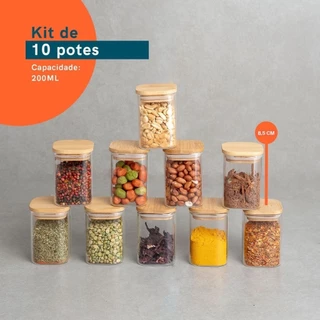 Kit Pote De Vidro Hermético Quadrado 200ml ou 250 ml com Tampa de Bambu - 10 Pçs,900ml