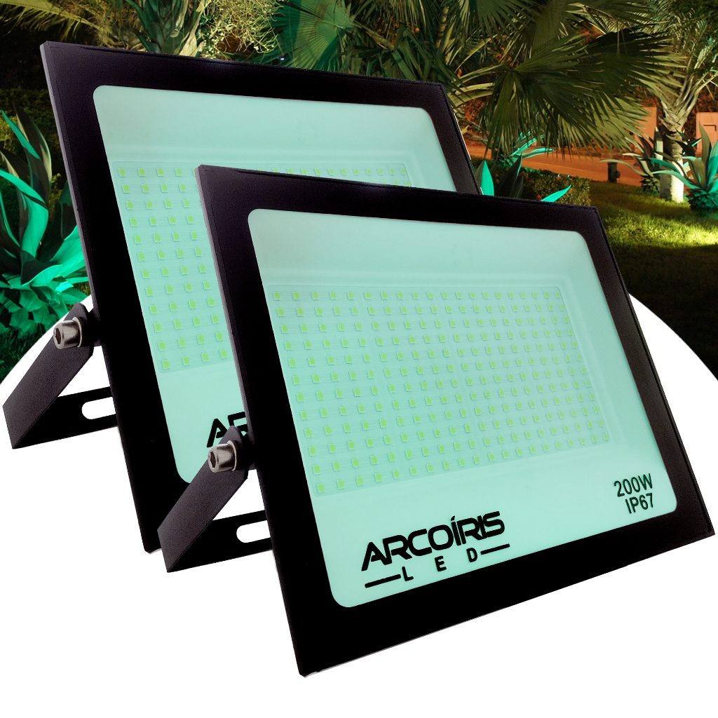 Kit 2 Refletor Led 200w Holofote IP96 Prova D'água Bivolt Luz Verde Para Jardim