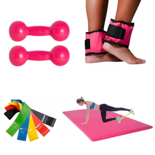 Kit Funcional Par Halter 3kg Emborrachado + Par de Caneleiras 3kg + Colchonete + 5 TheraBand Academia Treino