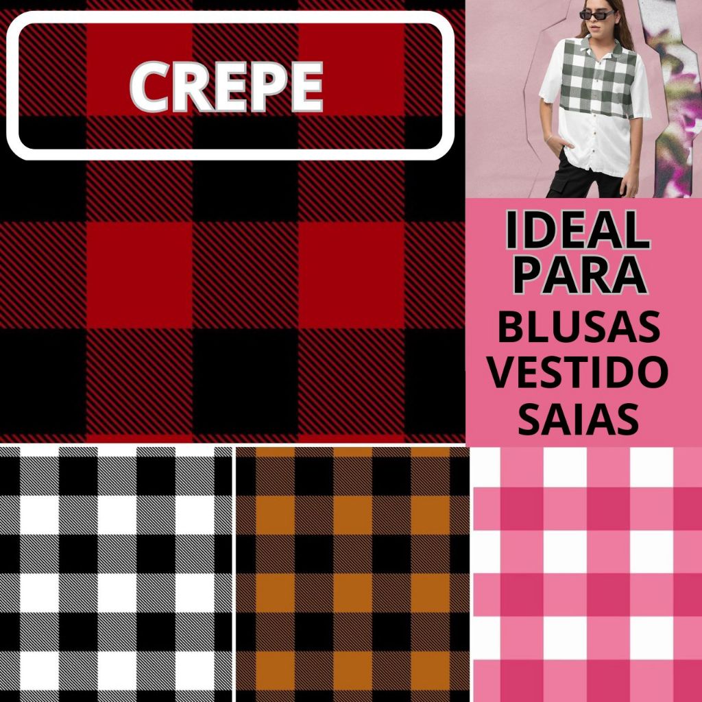 TECIDO CREPE XADREZ VÁRIAS CORES LEVE E FRESCO PARA VESTIDO, BLUSA, CONJUNTO, SAIA, PANTALONA