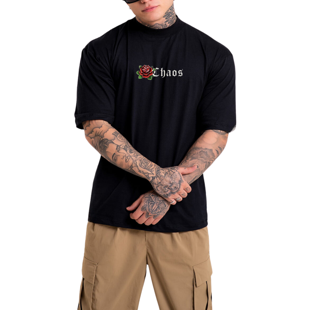 Camiseta Oversized Americana Streetwear gola 3cm Estampada Chaos Street Moda