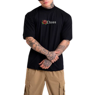Camiseta Oversized Americana Streetwear gola 3cm Estampada Chaos Street Moda