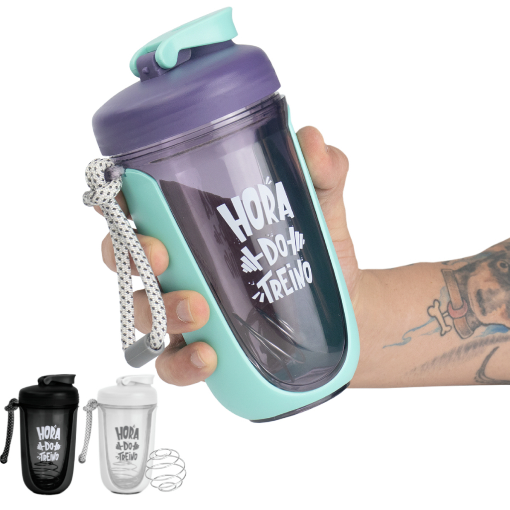 Coqueteleira 550ml Shaker Garrafa Academia Shakeira c/ Esfera Batedora e Alça Portátil