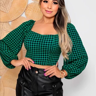 Cropped Quadriculado Manga Longa Moda Inverno Feminino