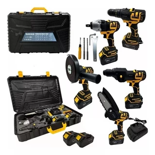 Kit Ferramentas 5 em 1 Furadeira Parafusadeira Motoserra Chave Impacto a Bateria 48v Completa Com Maleta