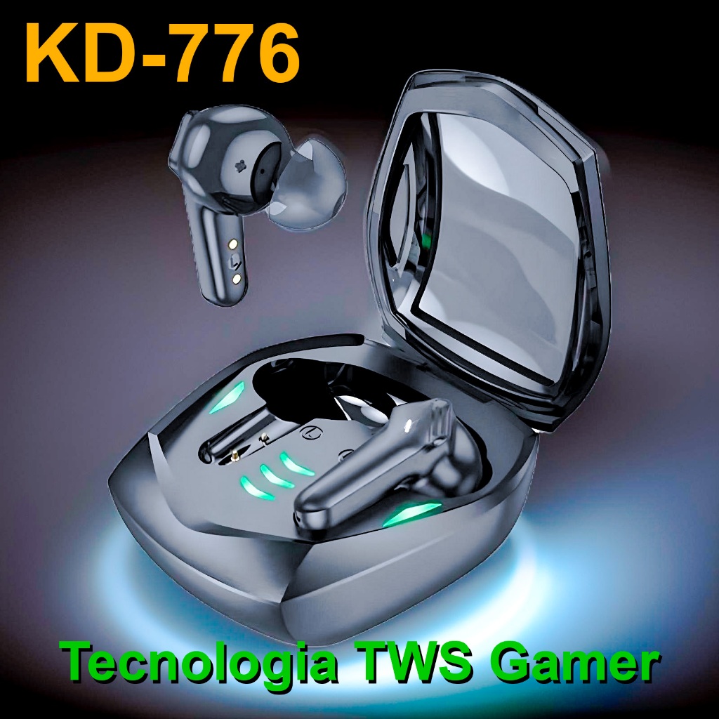 Fone de Ouvido Gamer Kaidi KD-776 com Tecnologia 'TWS Bluetooth Preto e Verde Academia