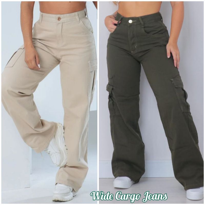 Calça Wide Leg Cargo Jeans Feminina