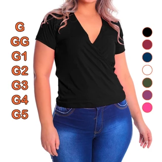 Blusa Transpassada Manga Curta Plus Size G GG G1 G2 G3 G4 G5