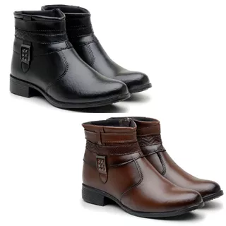 Bota Coturno Feminino Cano Baixo de Couro Sintético e Fivela Minimalista