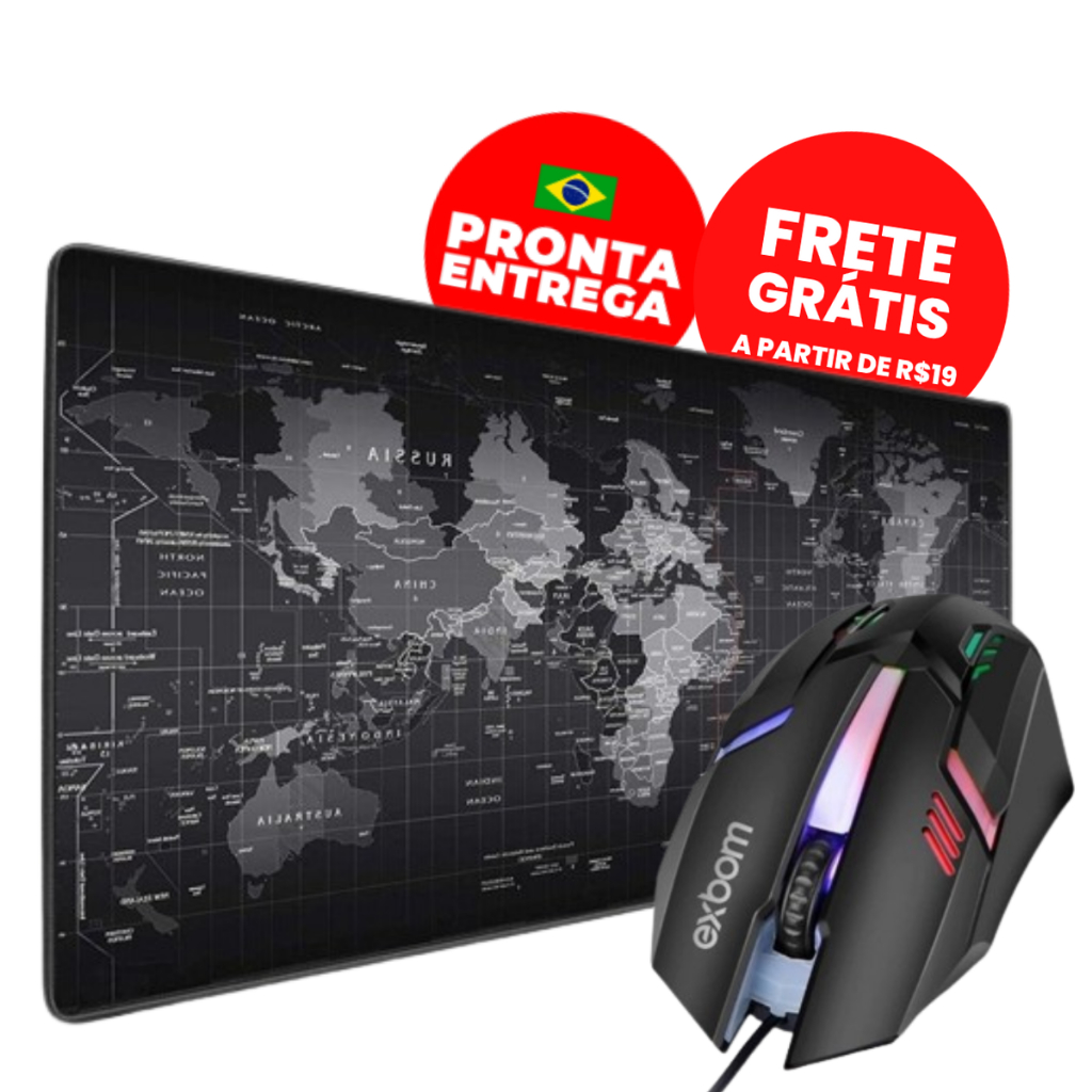 Mouse Pad Mapa do Mundo Extra Grande 70 x 35 + Mouse Gamer Usb Led Rgb Kit