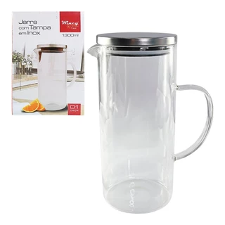 Jarra de Vidro Transparente Durável com Alça e Tampa de Inox 1,3 Litros para Sucos Água Drink Leve Prática Ergonômicadd