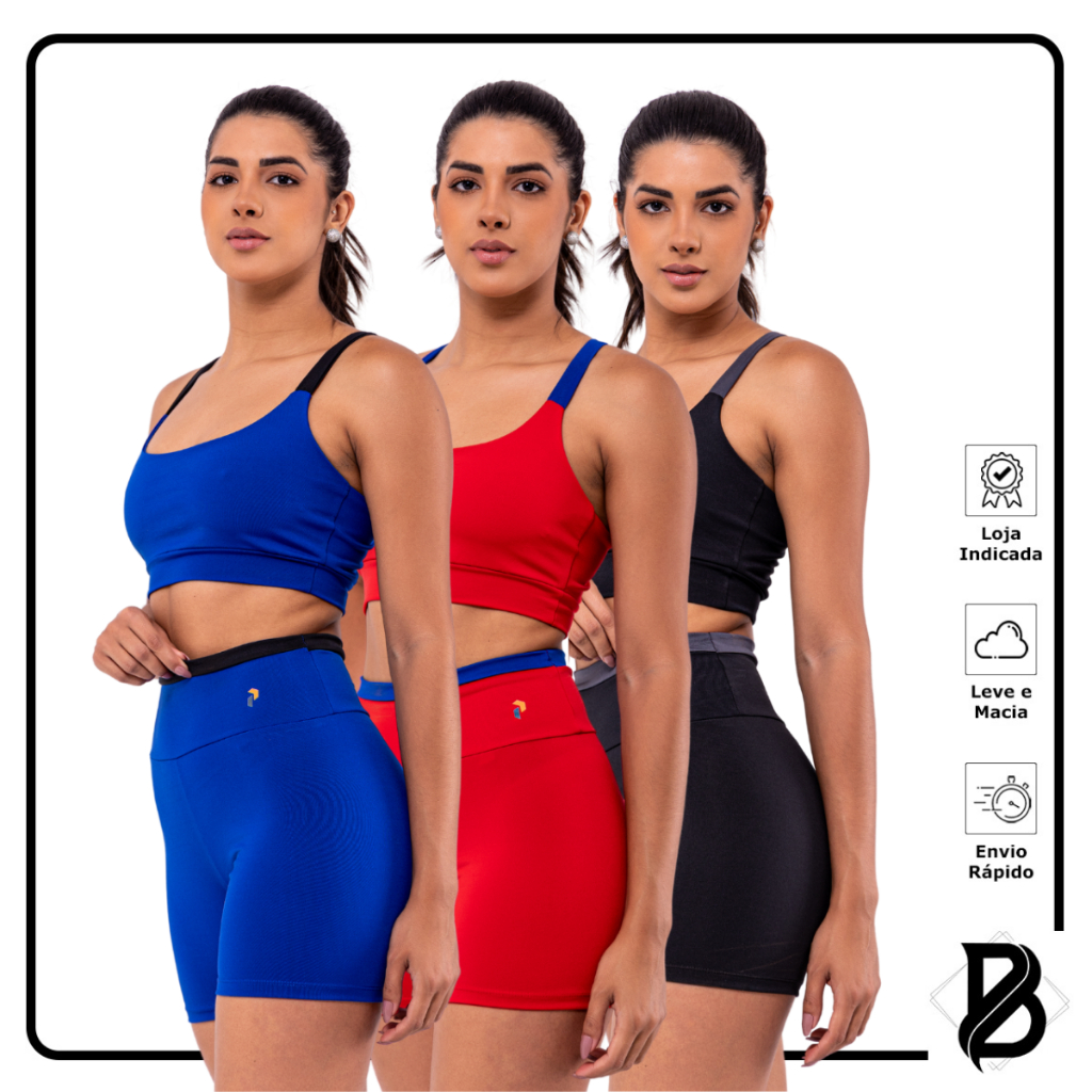 Kit 6 Peças Fitness 3 Top + 3 Short Legging Feminino Zero Transparência Cores Tamanhos Variados.