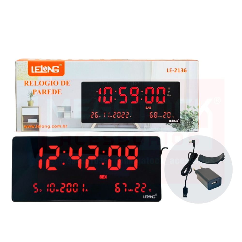 Relógio Digital 36x16CM Para Parede Com Suporte Semana Data Horário Temperatura Calendário Prático E Fácil