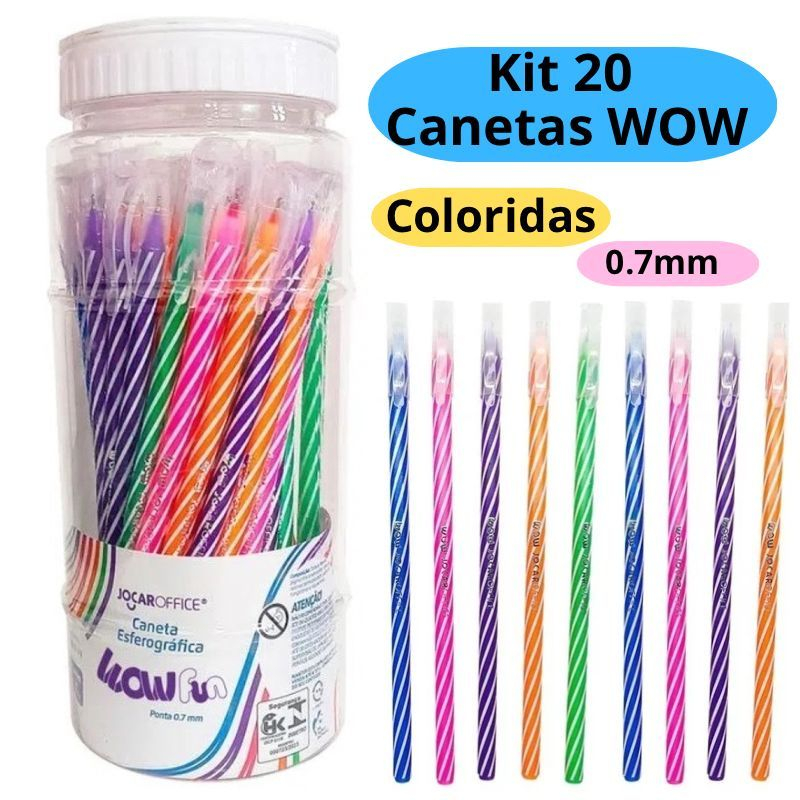 Kit 20 Canetas Esferográficas Wow 0.7mm Coloridas Branco Escolar Escritório Leo&Leo