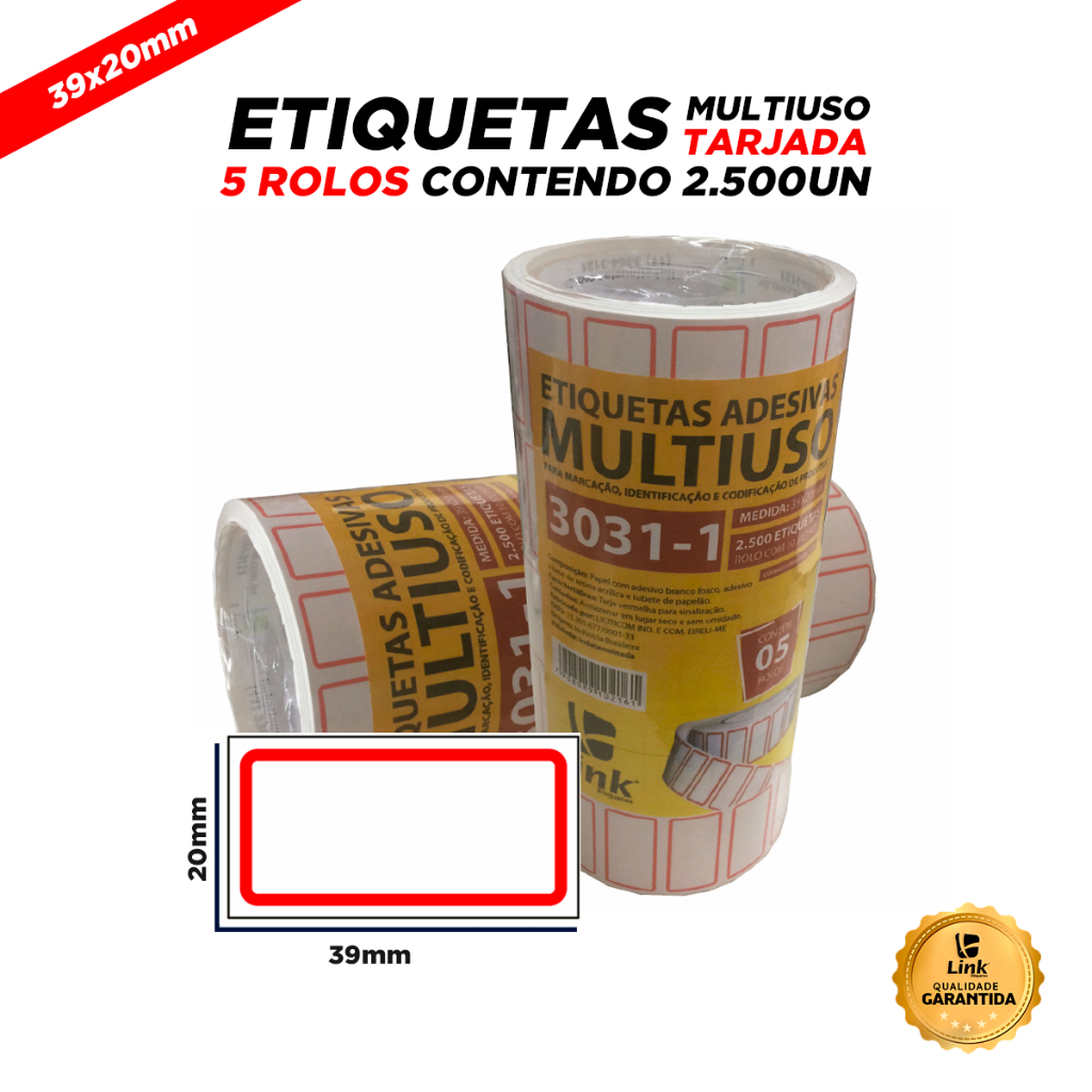 Kit C/ 5 Rolos N°06 de Etiqueta Tarjada Multiuso 39mmx20mm T