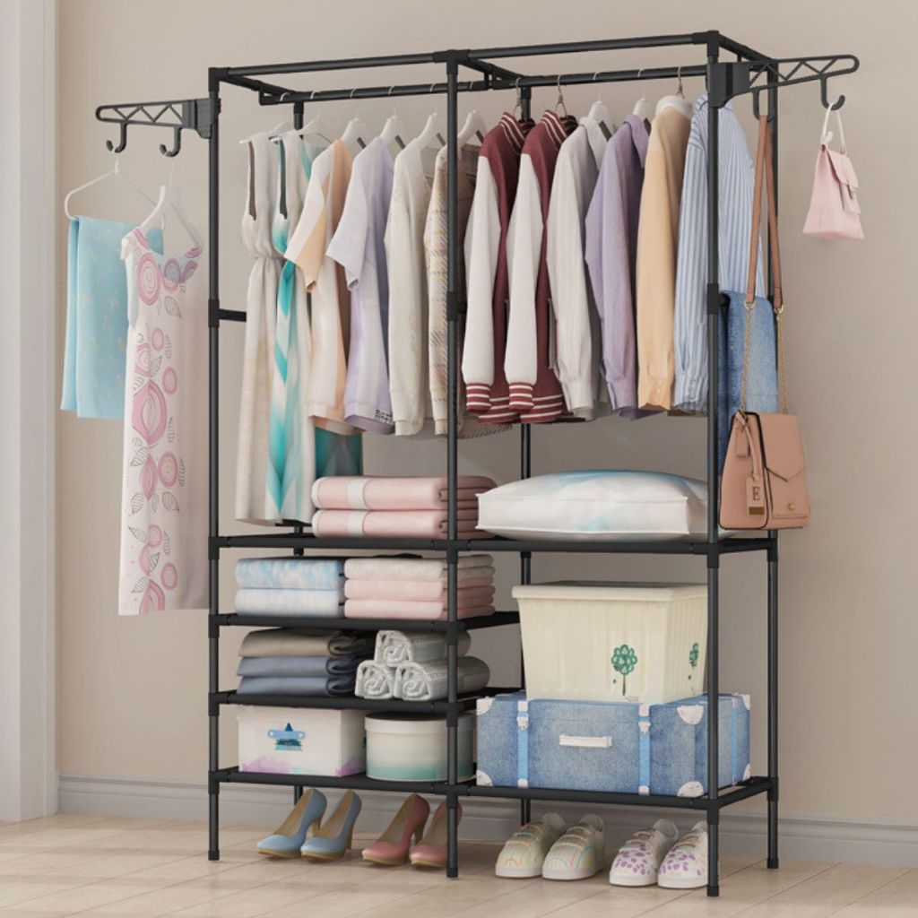 Arara Armário Com Sapateira Cabideiro e Prateleiras Preto / Branco Guarda Roupa Portátil Arara Multifuncional Sapato Organizador Multiuso Grande Desmontável