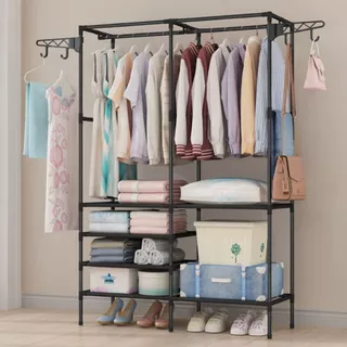 Arara Armário Com Sapateira Cabideiro e Prateleiras Preto / Branco Guarda Roupa Portátil Arara Multifuncional Sapato Organizador Multiuso Grande Desmontável