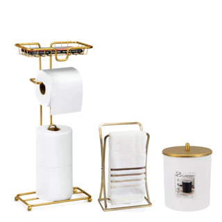 Kit Lavabo Lixeira + Porta Papel Higiênico Celular + Porta Toalha de Rosto Dourado 3M Arthi