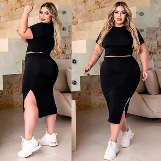 Conjunto Feminino Saia Plus Size Com Fenda Lateral Cropped Manga Curta até 52