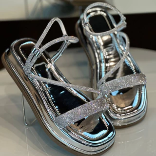 Sandália Papete Feminina Brilho Strass Flatform Flat Sola Alta